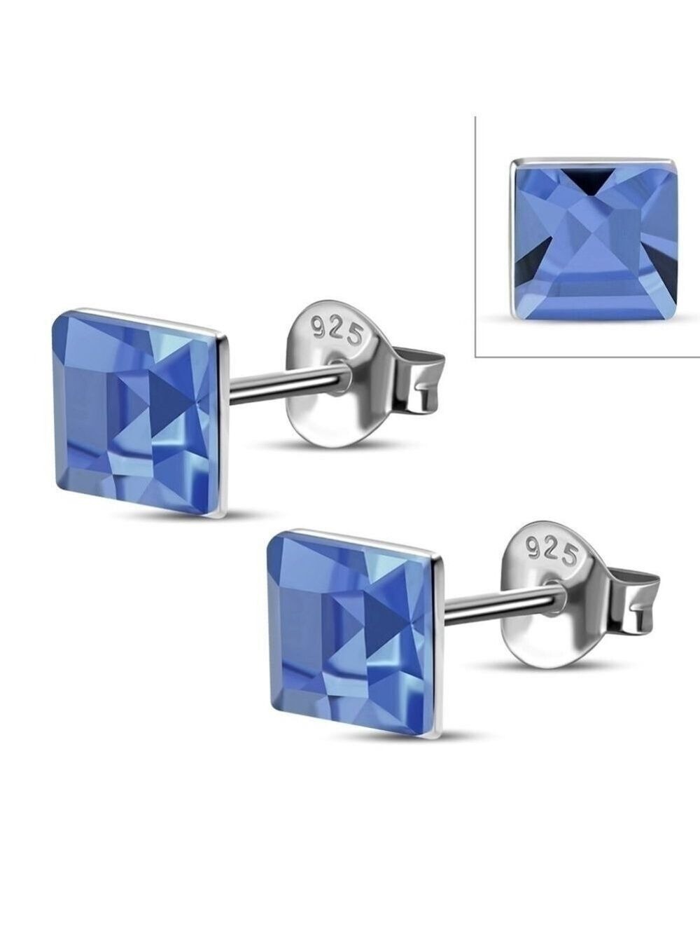 Earrings--𝅺sapphire CZ Square Silver Studs, tiny and very blue!